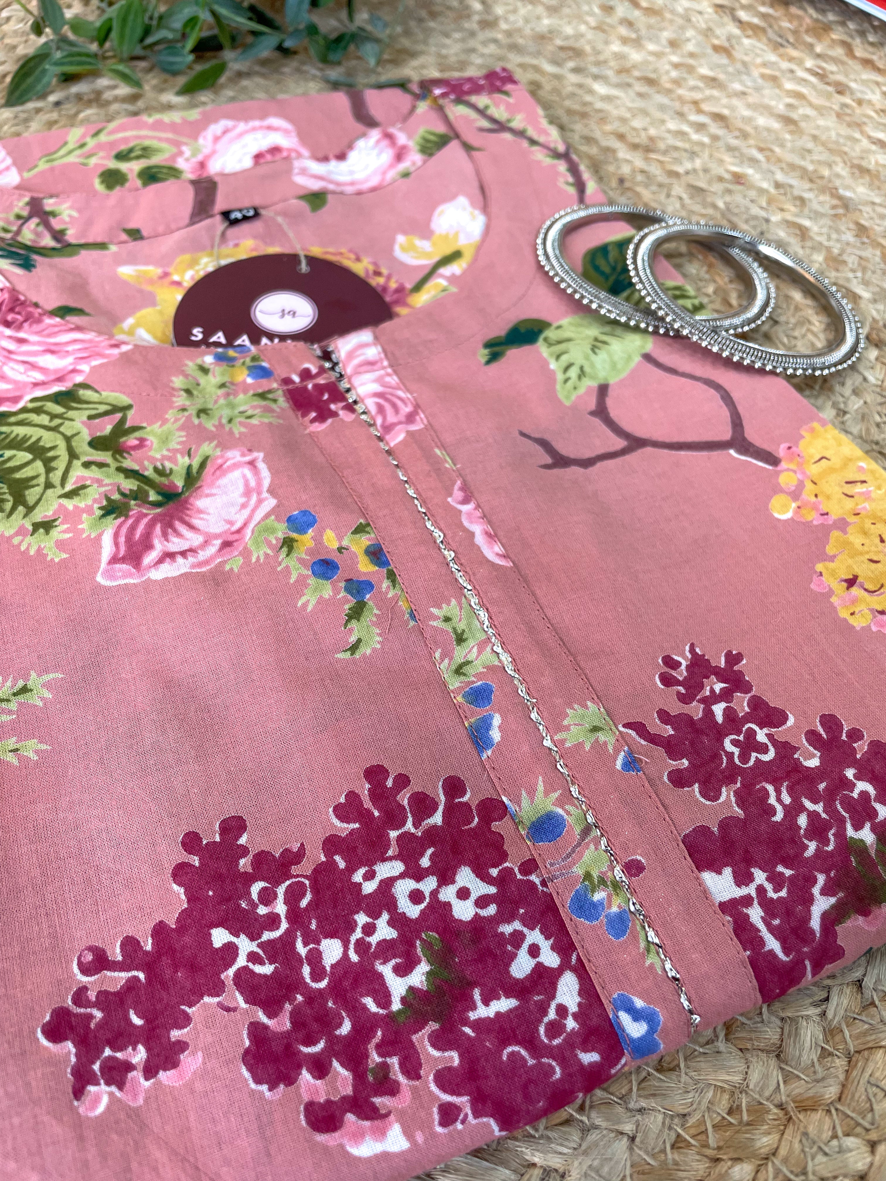 Rose Blush Floral Print Cotton Straight Kurta