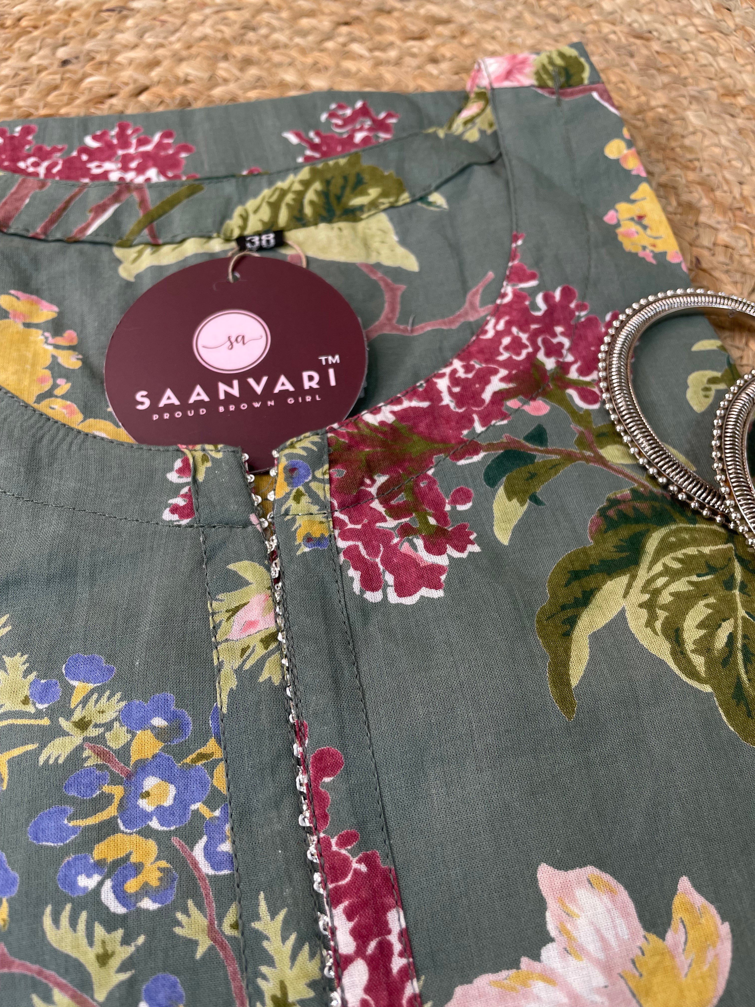 Sage Green Floral Print Cotton Straight Kurta – Jaipur Collection