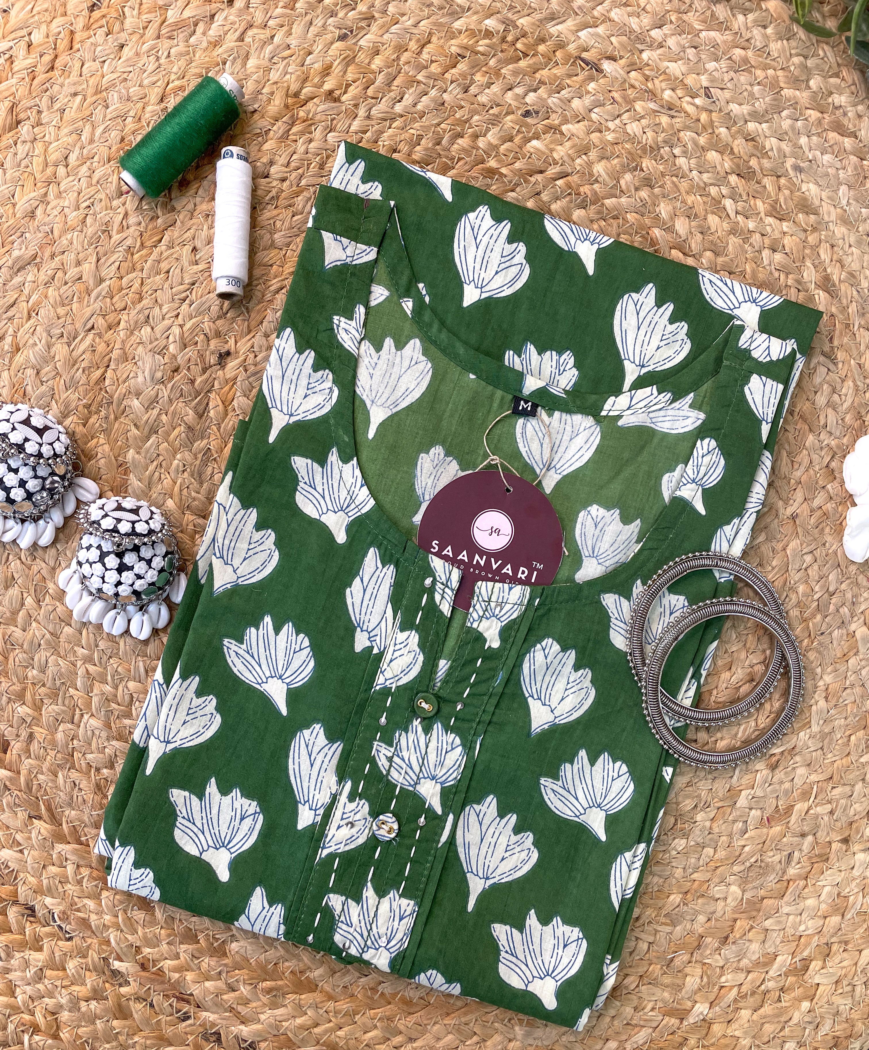 Green Floral Print Cotton Straight Kurta