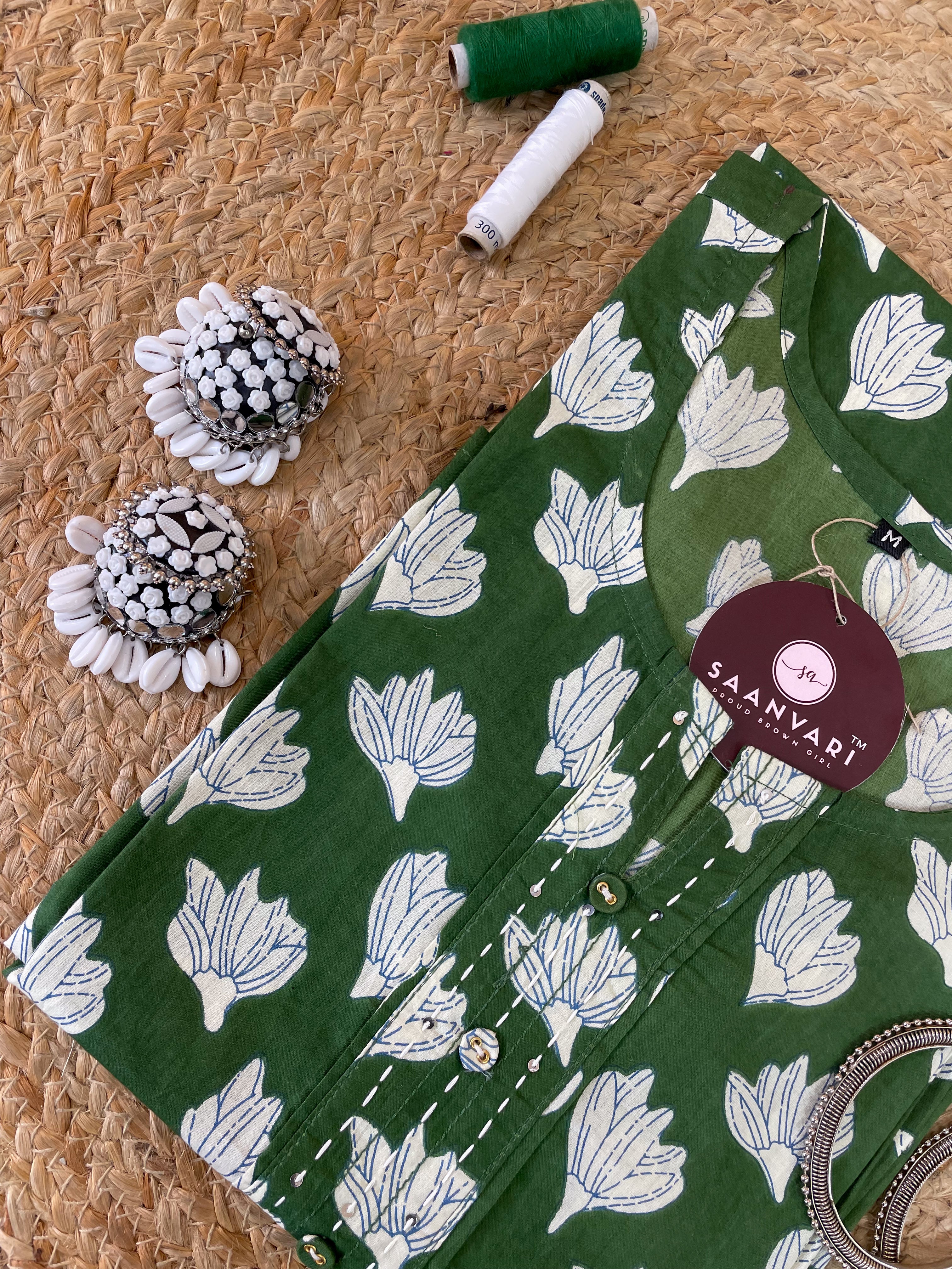 Green Floral Print Cotton Straight Kurta
