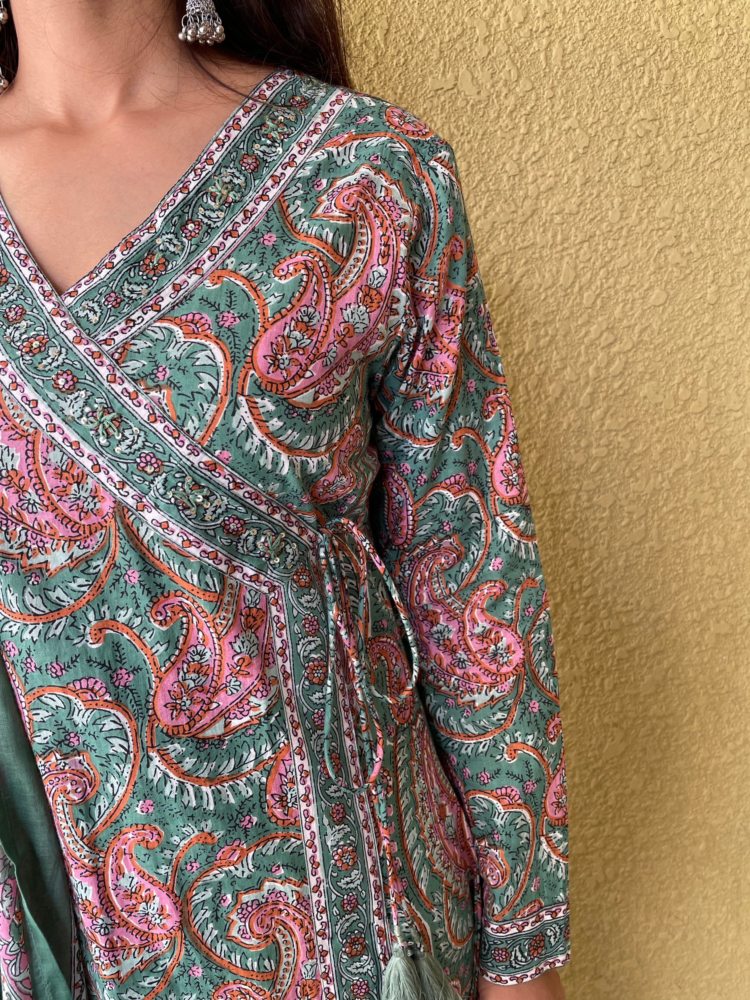 Angrakha Jaipuri Printed Cotton Suit ( Set of 3)