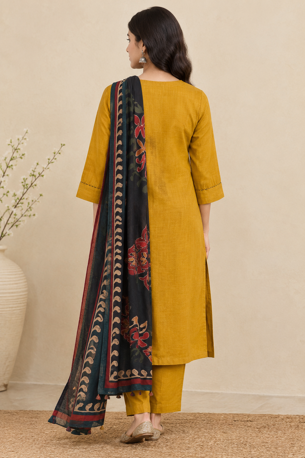 Mustard Yellow Straight Kurta Pant Set with Black Printed Dupatta