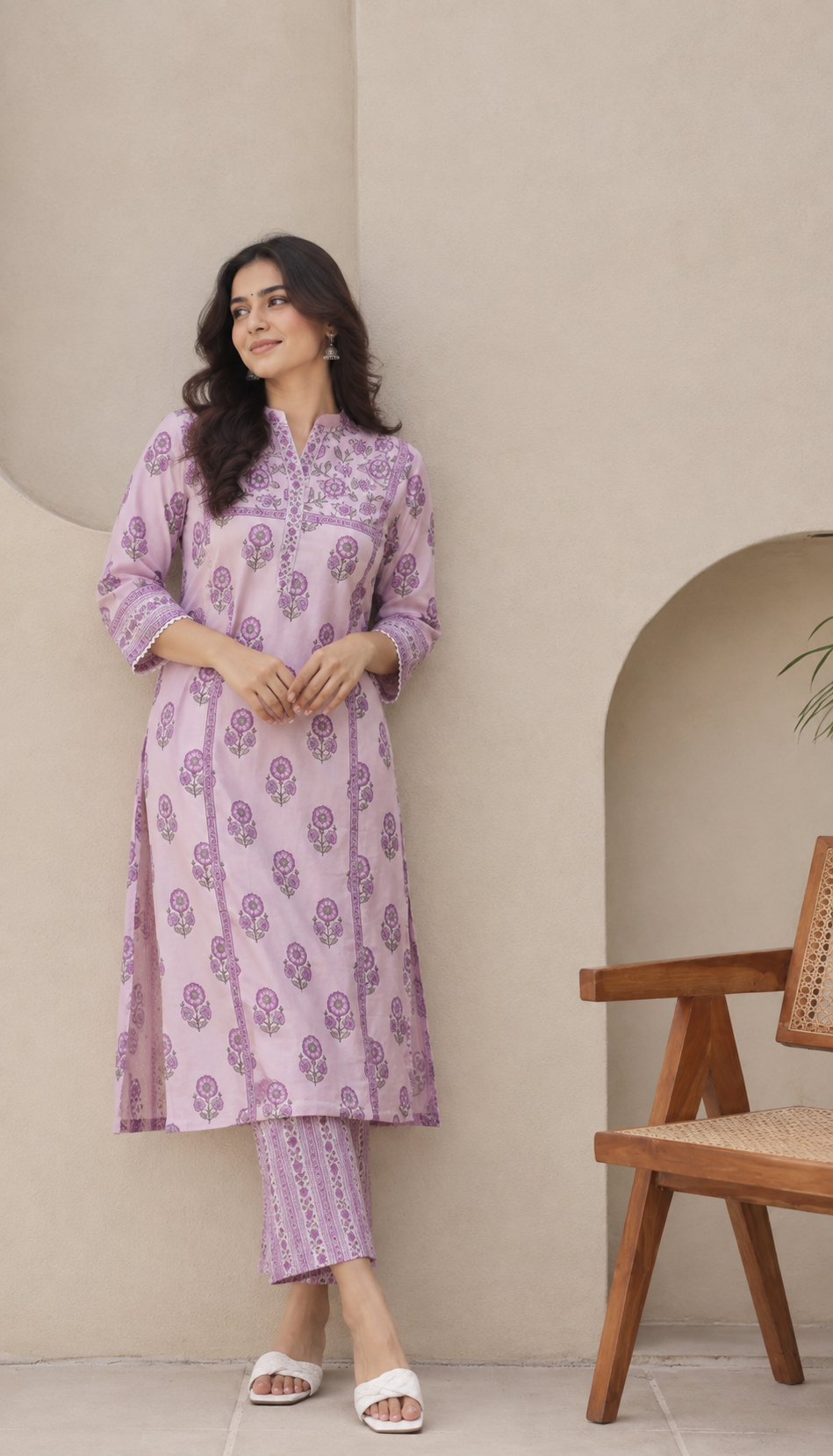 Lavender Bloom Cotton Kurta Pant Set with Lace & Sequin Detailing