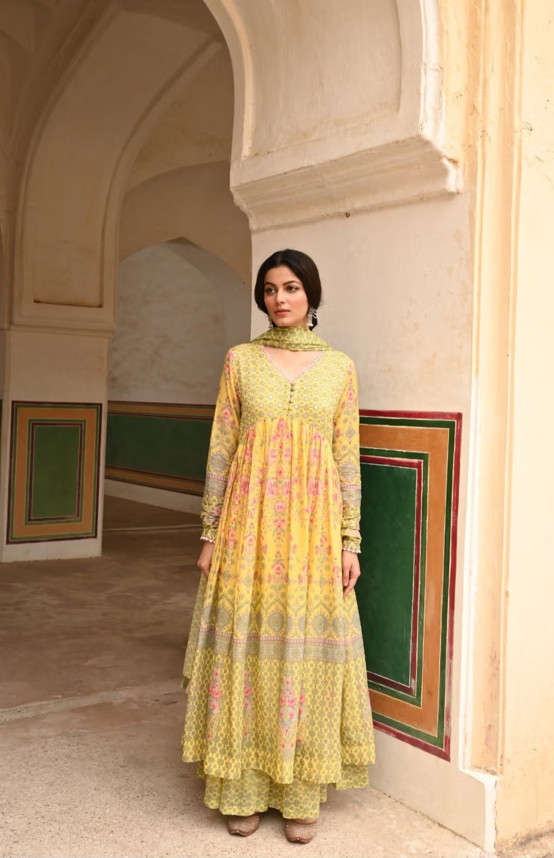 Light Yellow Printed Cotton Sharara Suit with Dupatta & Churidaar Sleeves