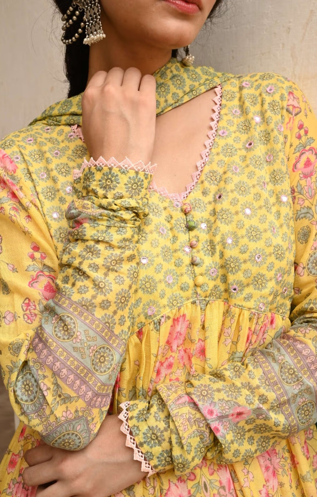 Light Yellow Printed Cotton Sharara Suit with Dupatta & Churidaar Sleeves