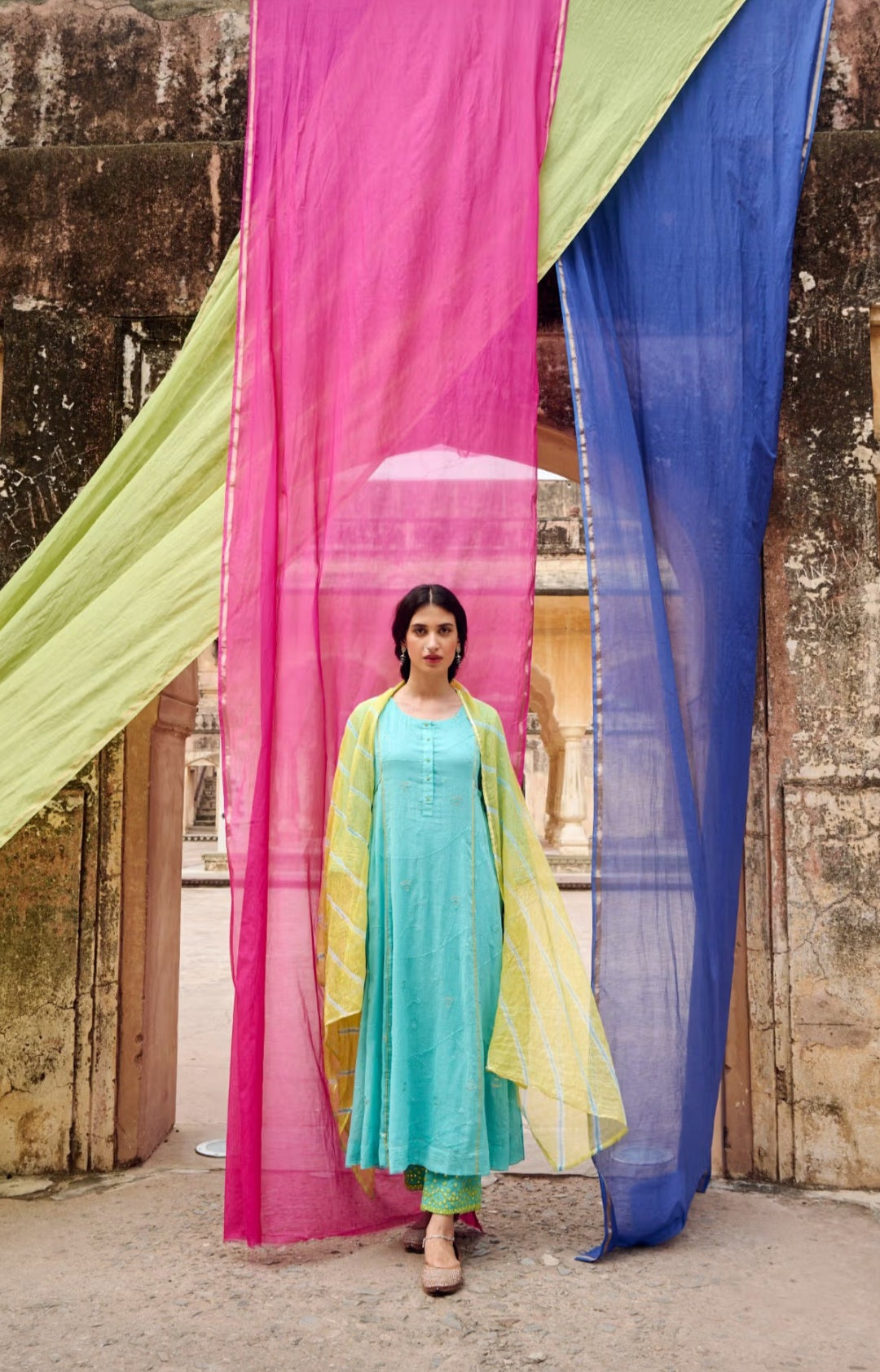 Firozi Embroidered Suit Set with Kota Doria Dupatta