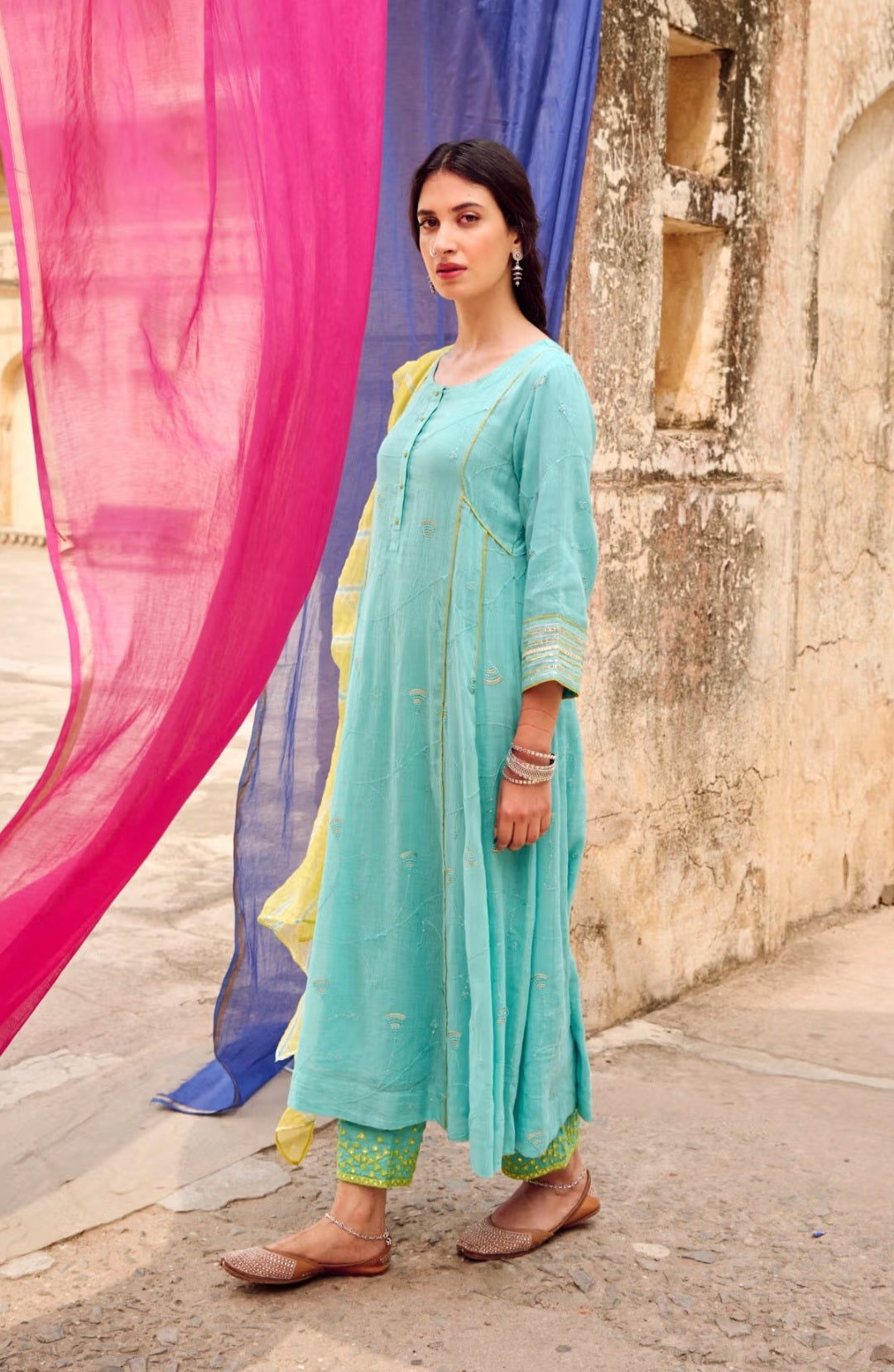 Firozi Embroidered Suit Set with Kota Doria Dupatta