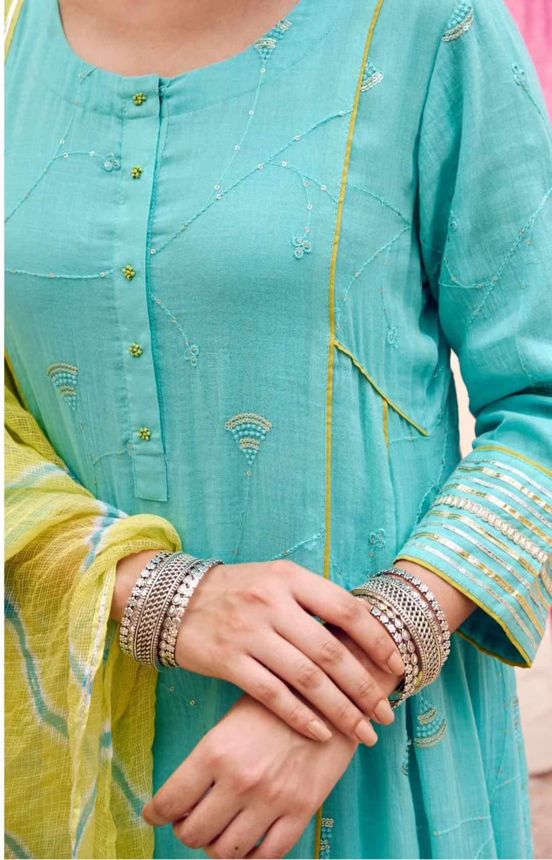 Firozi Embroidered Suit Set with Kota Doria Dupatta