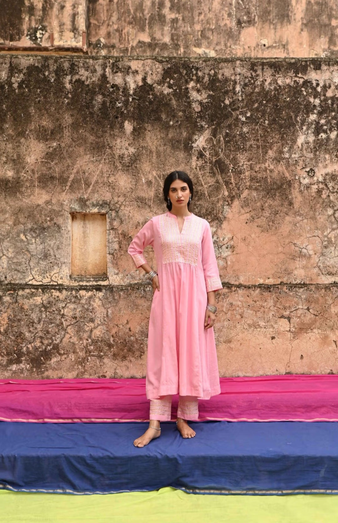 Pink Cotton Kurta–Pant Set with Gotta Work