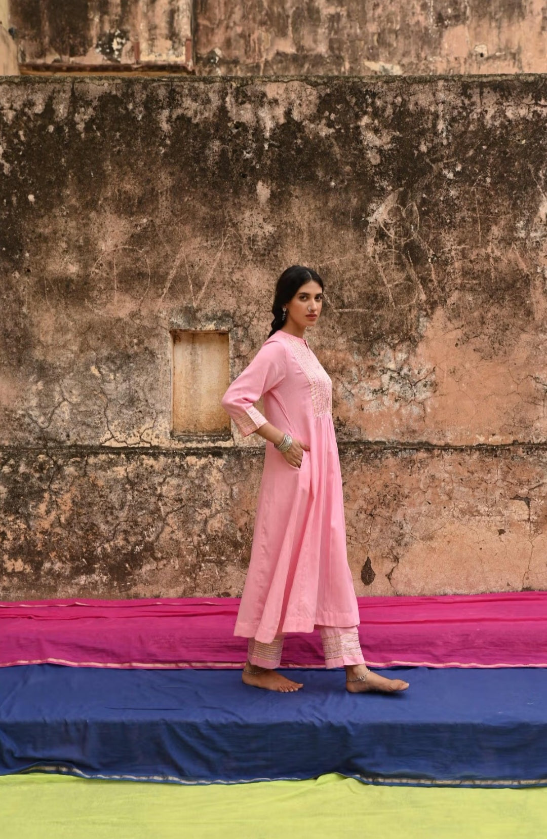 Pink Cotton Kurta–Pant Set with Gotta Work