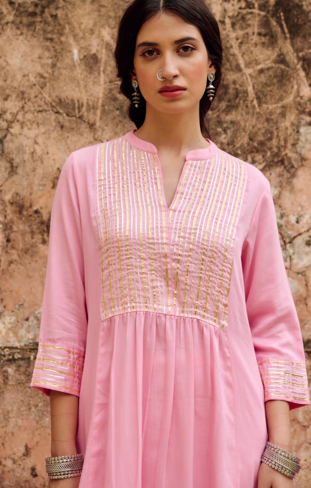 Pink Cotton Kurta–Pant Set with Gotta Work