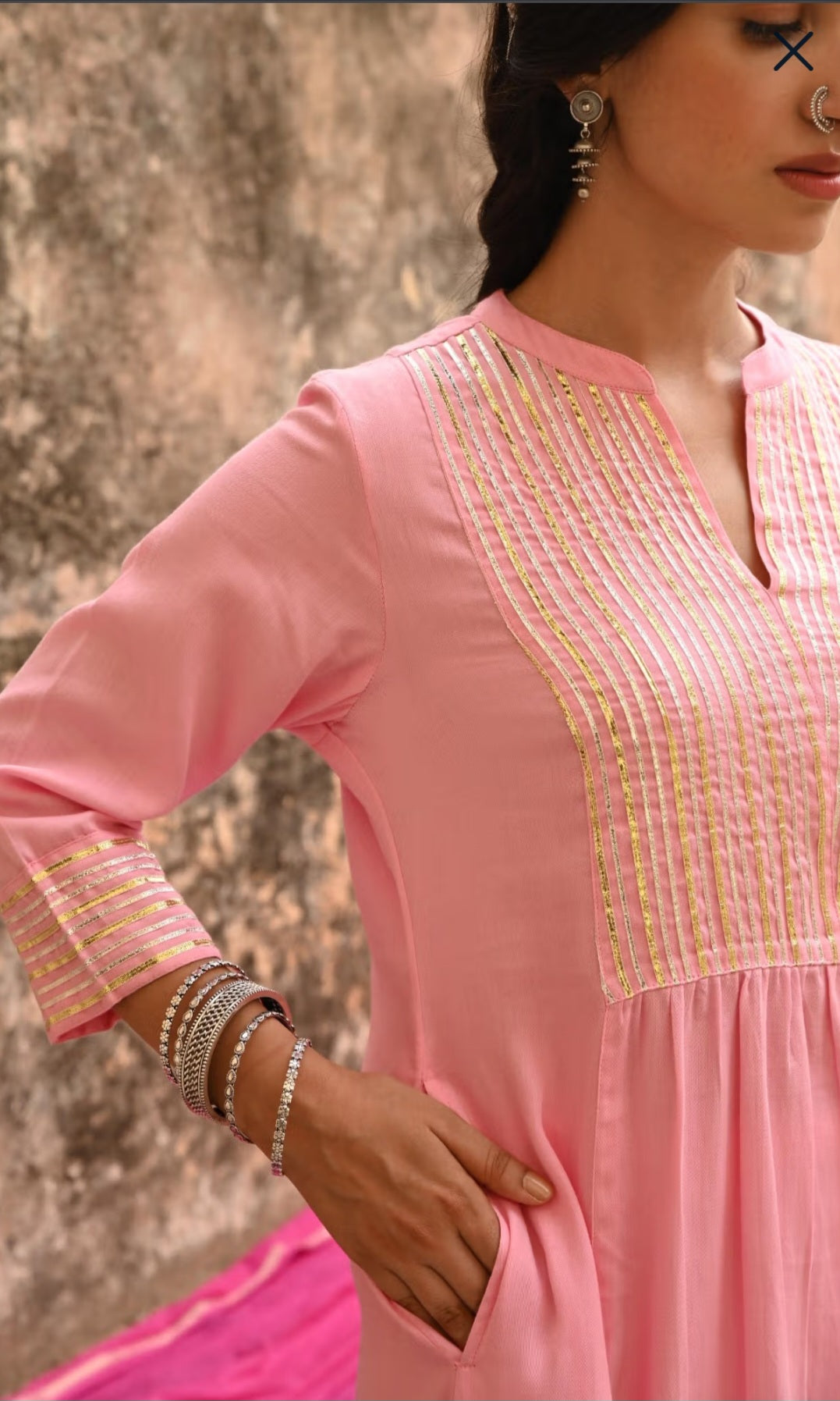 Pink Cotton Kurta–Pant Set with Gotta Work