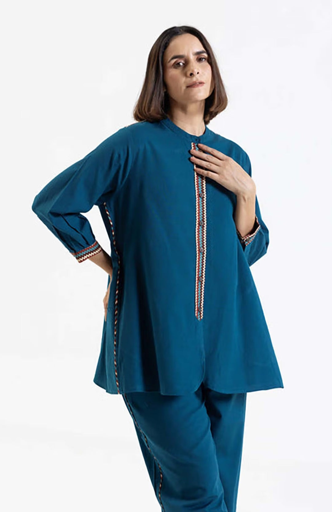 Blue Flex Cotton Coord Set with Printed Trims