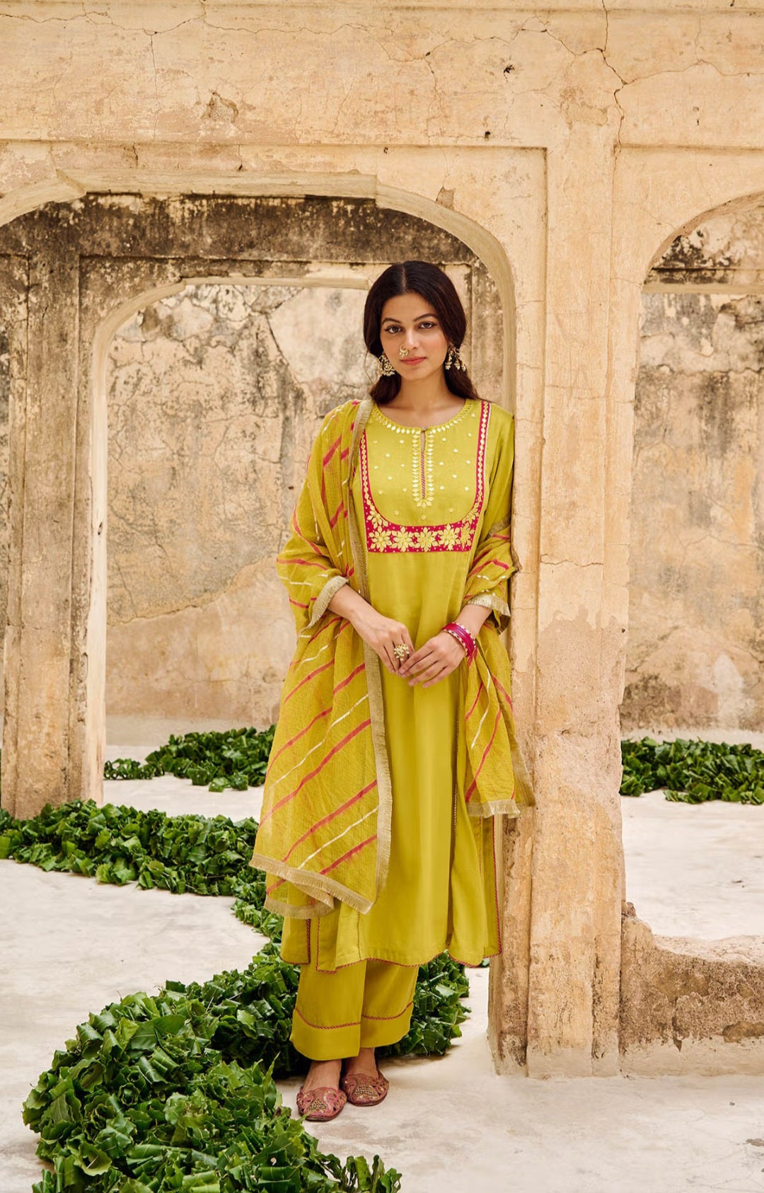 Lime Green Cotton Suit With Gotta Patti Work & Kota Doria Dupatta