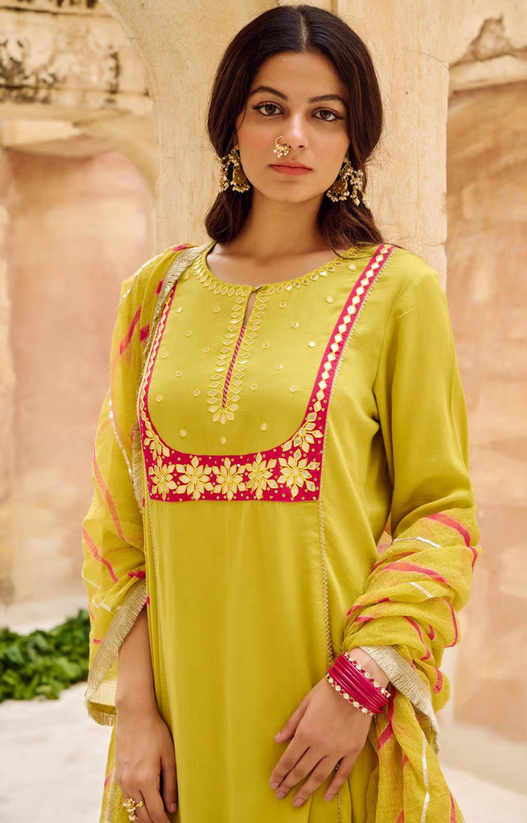 Lime Green Cotton Suit With Gotta Patti Work & Kota Doria Dupatta