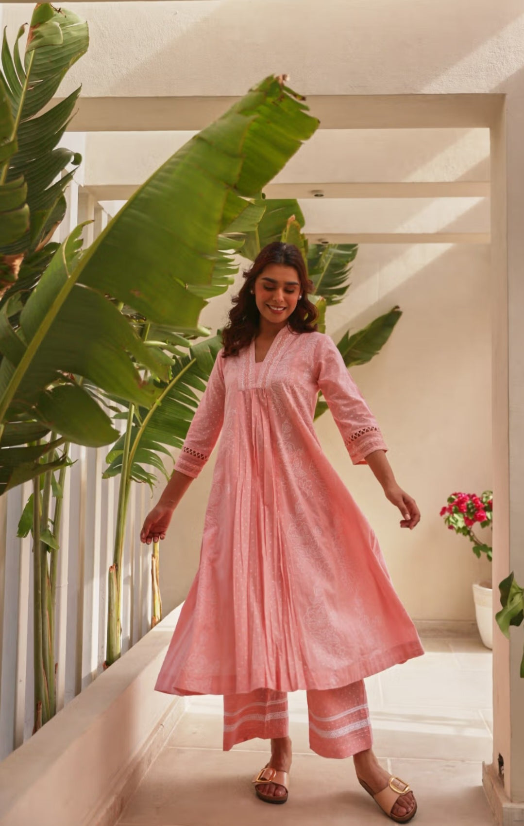 Pink Cotton Kurta–Pant Set with Delicate Lace Detailing – Jaipur Collection