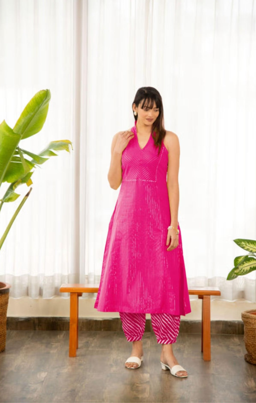 Halter Neck Kurta With Afghani Salwar – Pink