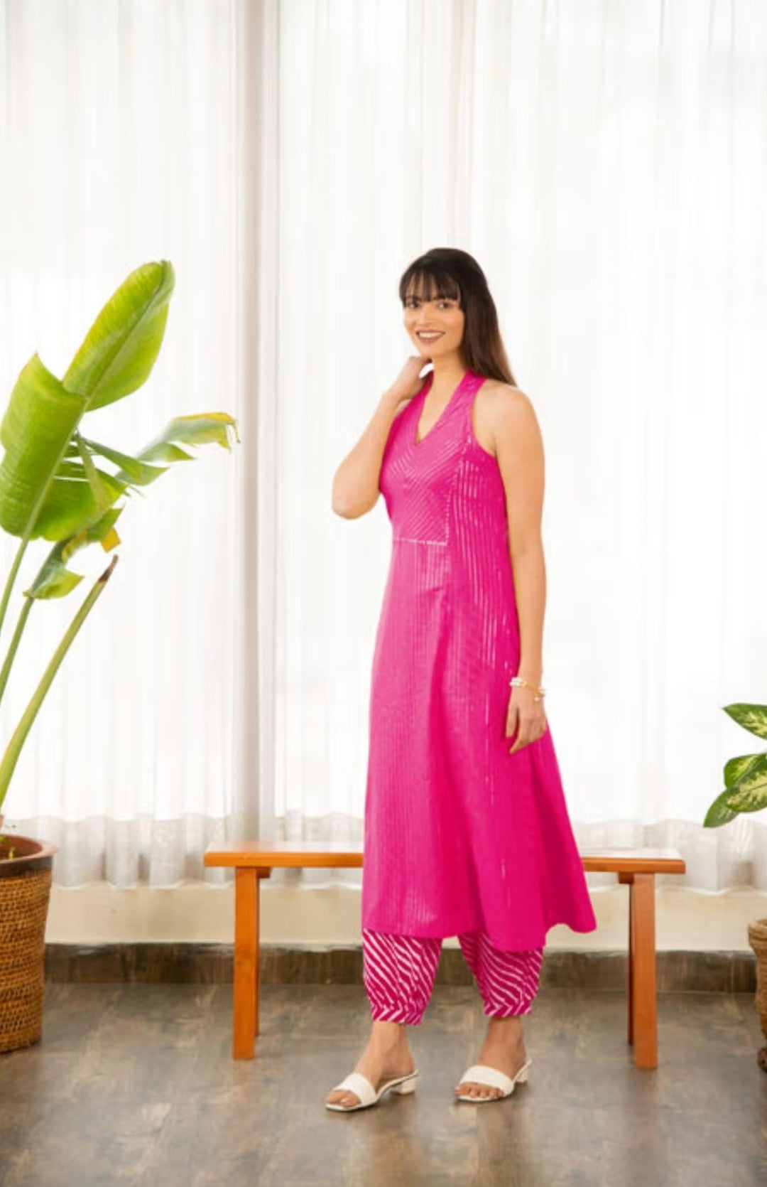 Halter Neck Kurta With Afghani Salwar – Pink
