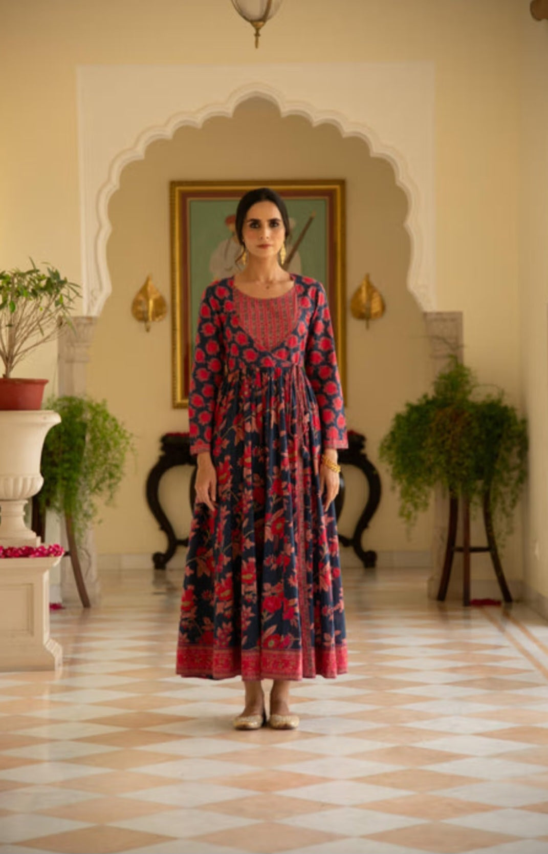 Cotton Printed Kalidaar Kurta with Floral Jaipur Print Dress