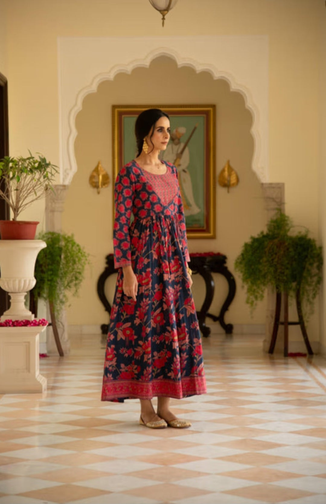 Cotton Printed Kalidaar Kurta with Floral Jaipur Print Dress