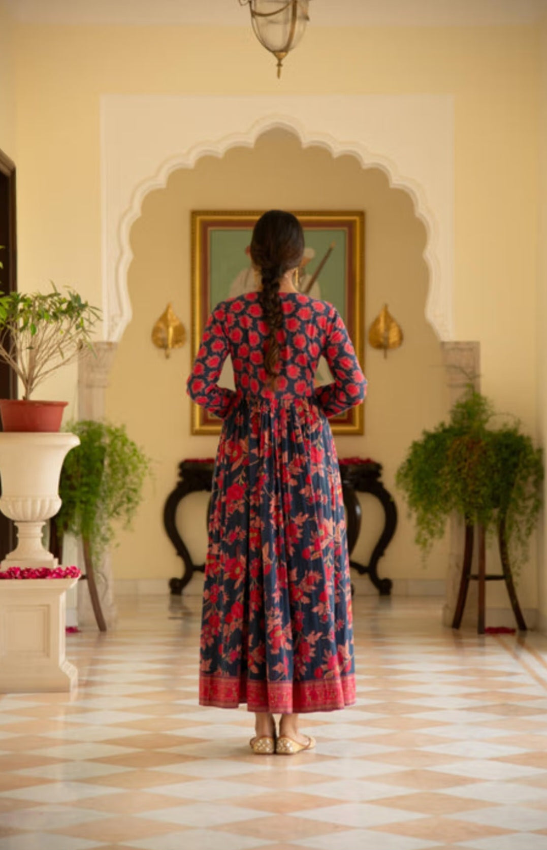 Navy Blue Cotton Printed Kalidaar Kurta with Floral Jaipur Print