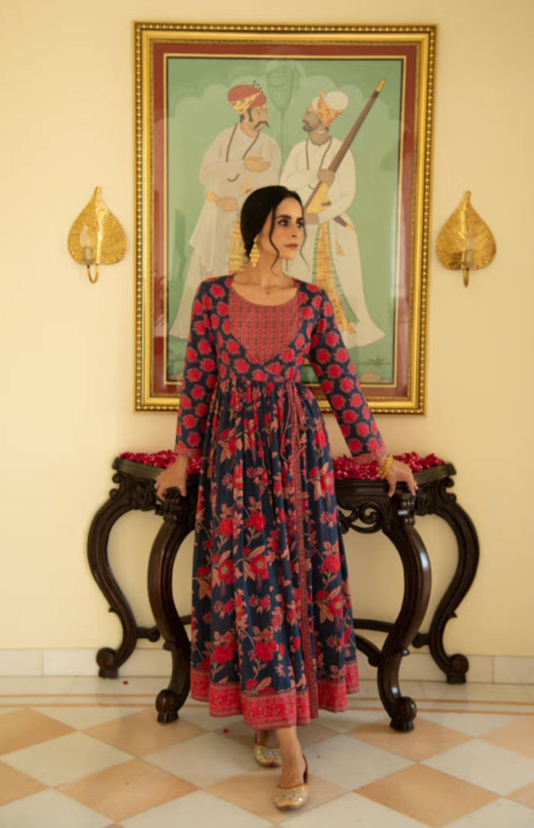 Navy Blue Cotton Printed Kalidaar Kurta with Floral Jaipur Print