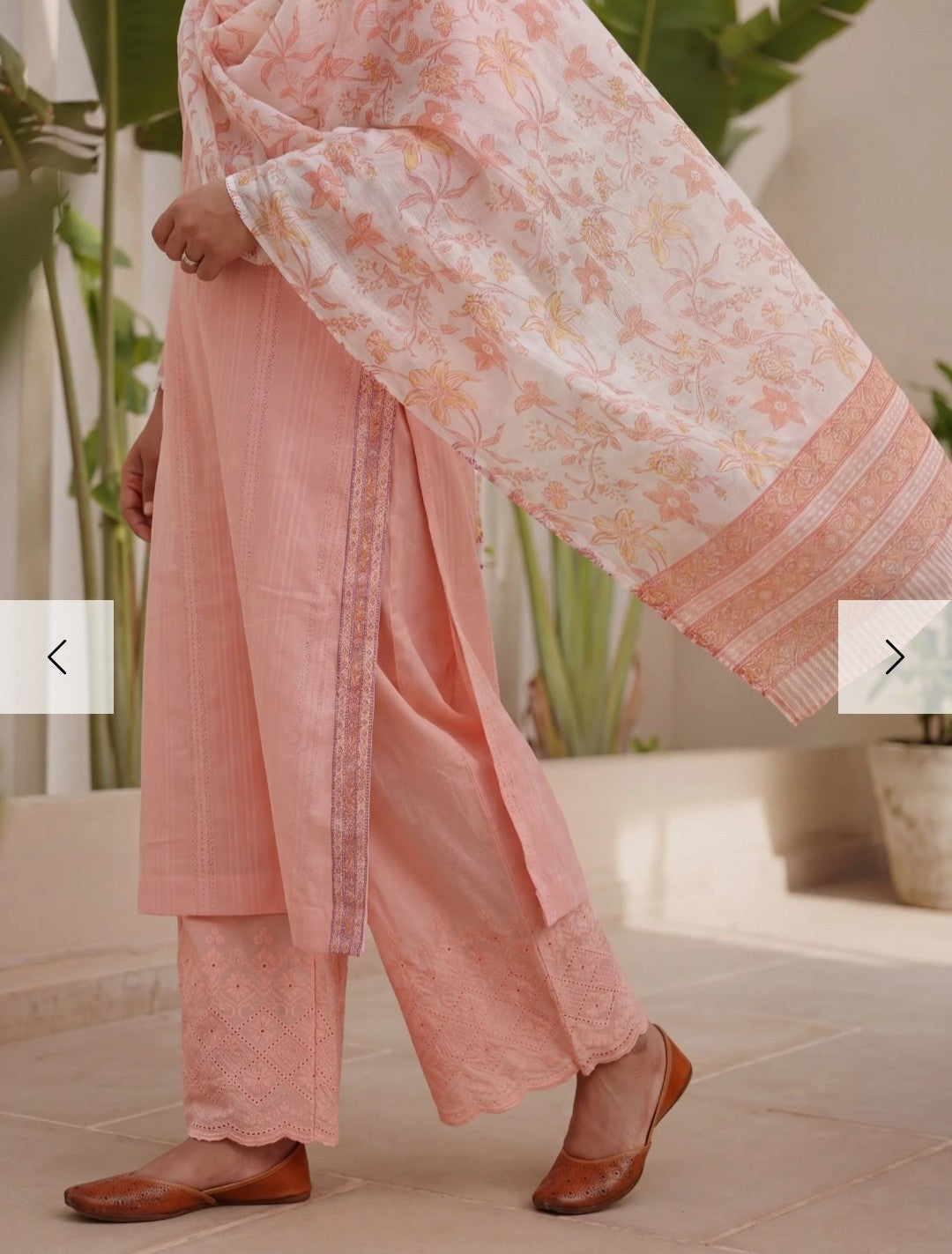 Peach Cotton Suit Set with Kota Doria Dupatta & Schiffli Pants