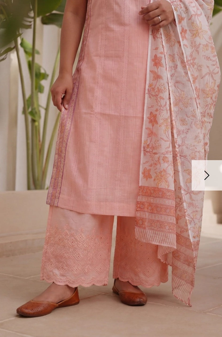 Peach Cotton Suit Set with Kota Doria Dupatta & Schiffli Pants