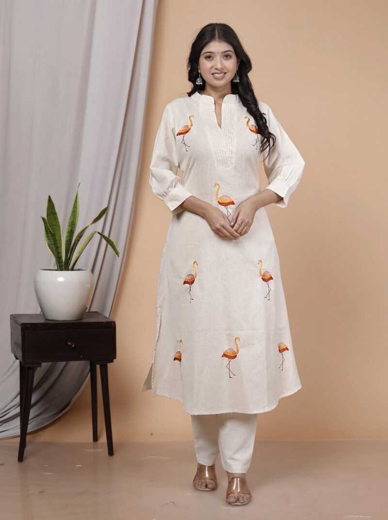 Flamingo Coord – Cream Kurta Set with Quirky Flamingo Embroidery