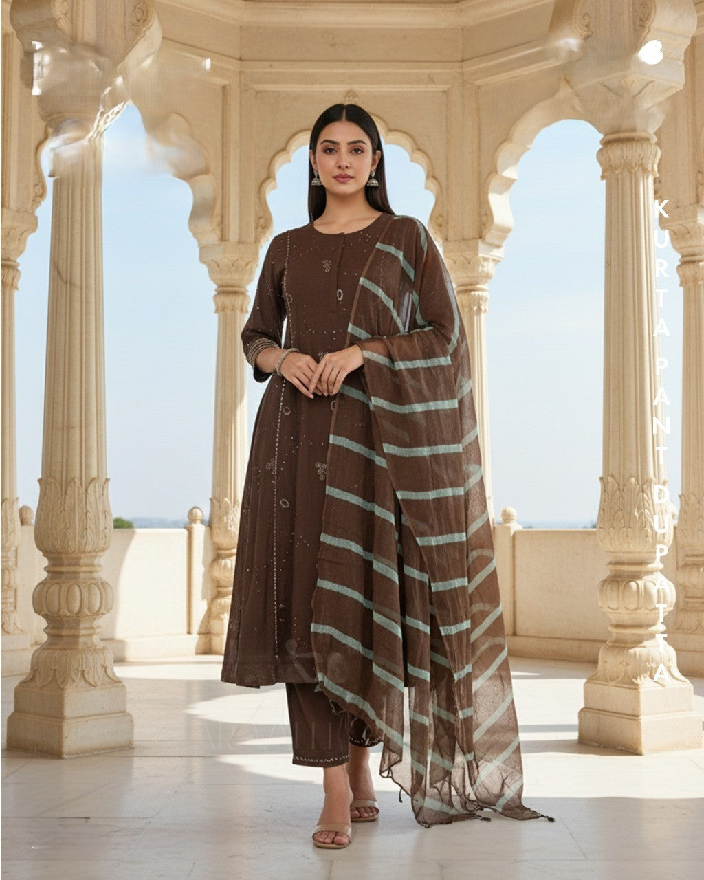 Coffee Brown Kota Doria Dupatta Suit Set (Set of 3)