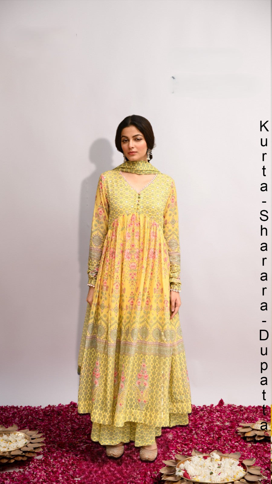 Light Yellow Printed Cotton Sharara Suit with Dupatta & Churidaar Sleeves