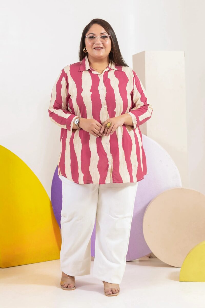Plus Size : Pink/Blue & Ivory Wavy Stripe Cotton Shirt