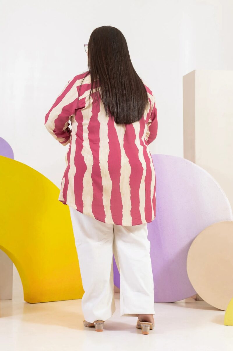 Plus Size : Pink/Blue & Ivory Wavy Stripe Cotton Shirt