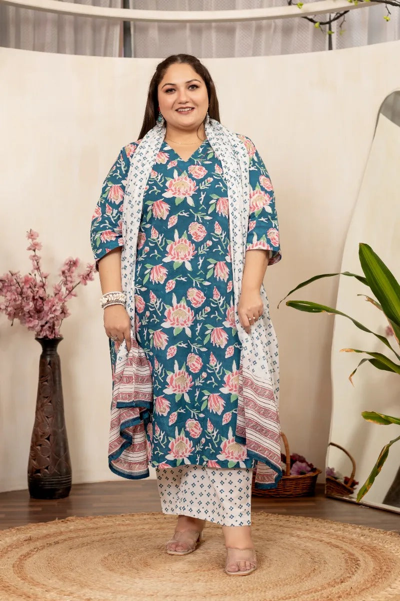 Plus Size : Printed Cotton Suit Set with Dupatta (3XL - 6XL)