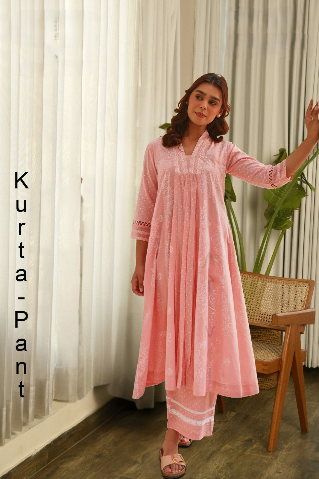 Pink Cotton Kurta–Pant Set with Delicate Lace Detailing – Jaipur Collection