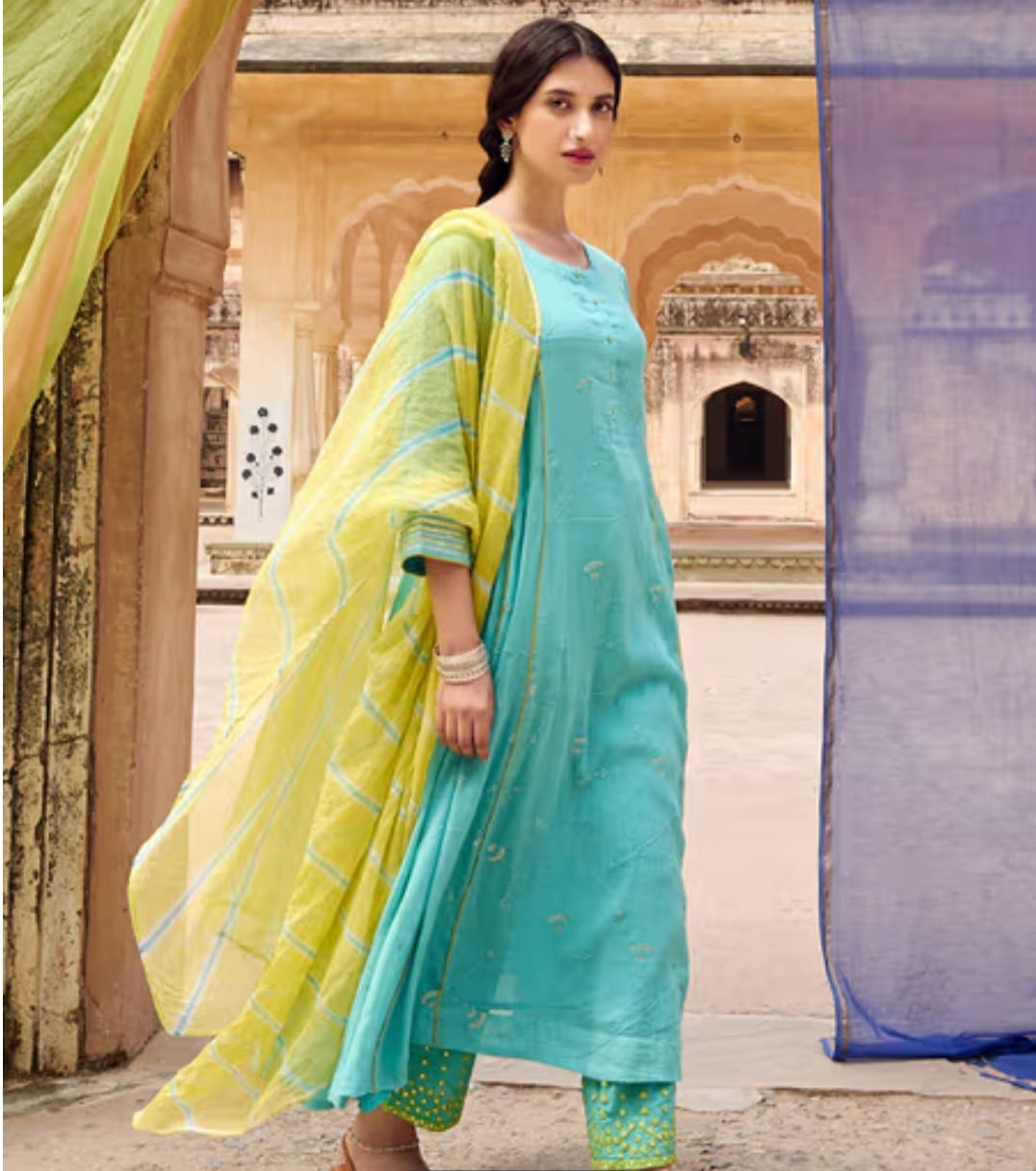 Firozi Embroidered Suit Set with Kota Doria Dupatta