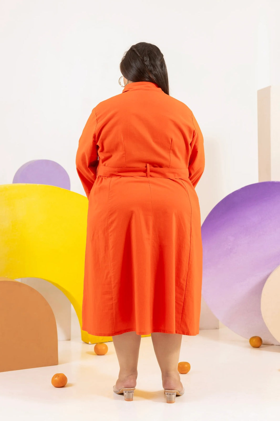 Plus Size : Sunset Orange Cotton Shirt Dress with Waist Tie (4XL – 6XL)