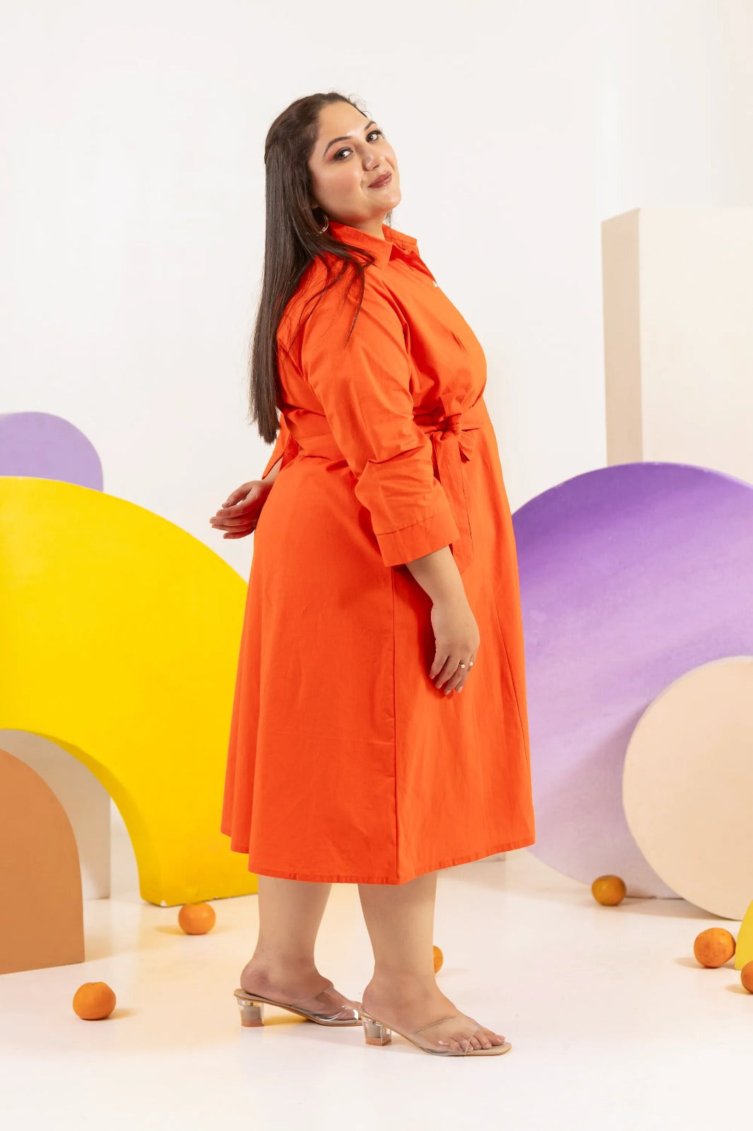 Plus Size : Sunset Orange Cotton Shirt Dress with Waist Tie (4XL – 6XL)