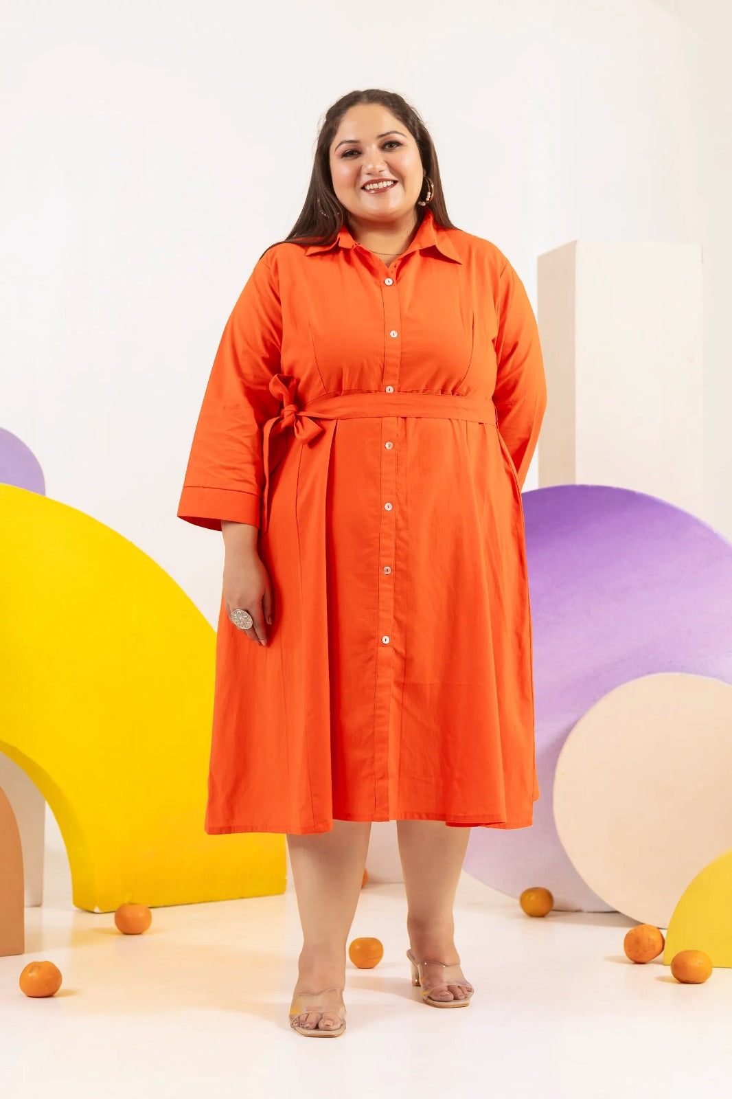 Plus Size : Sunset Orange Cotton Shirt Dress with Waist Tie (4XL – 6XL)