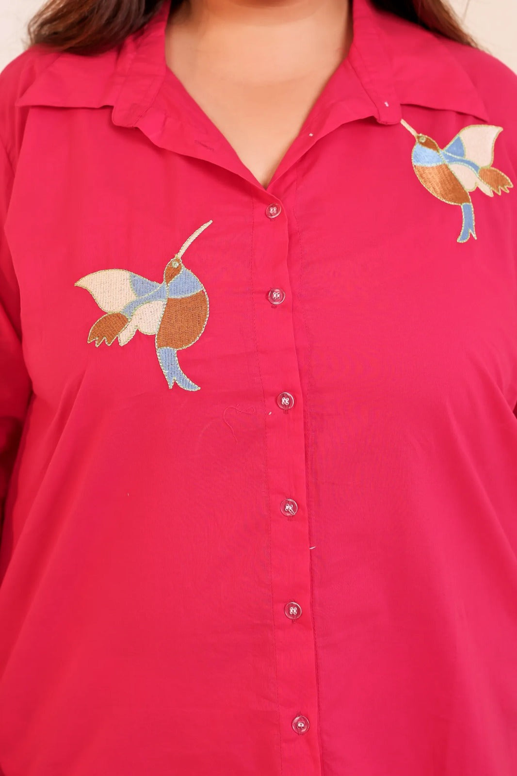 Plus Size : Rose Pink Solid Cotton Co-ord Set with Bird Embroidery (3XL – 6XL)