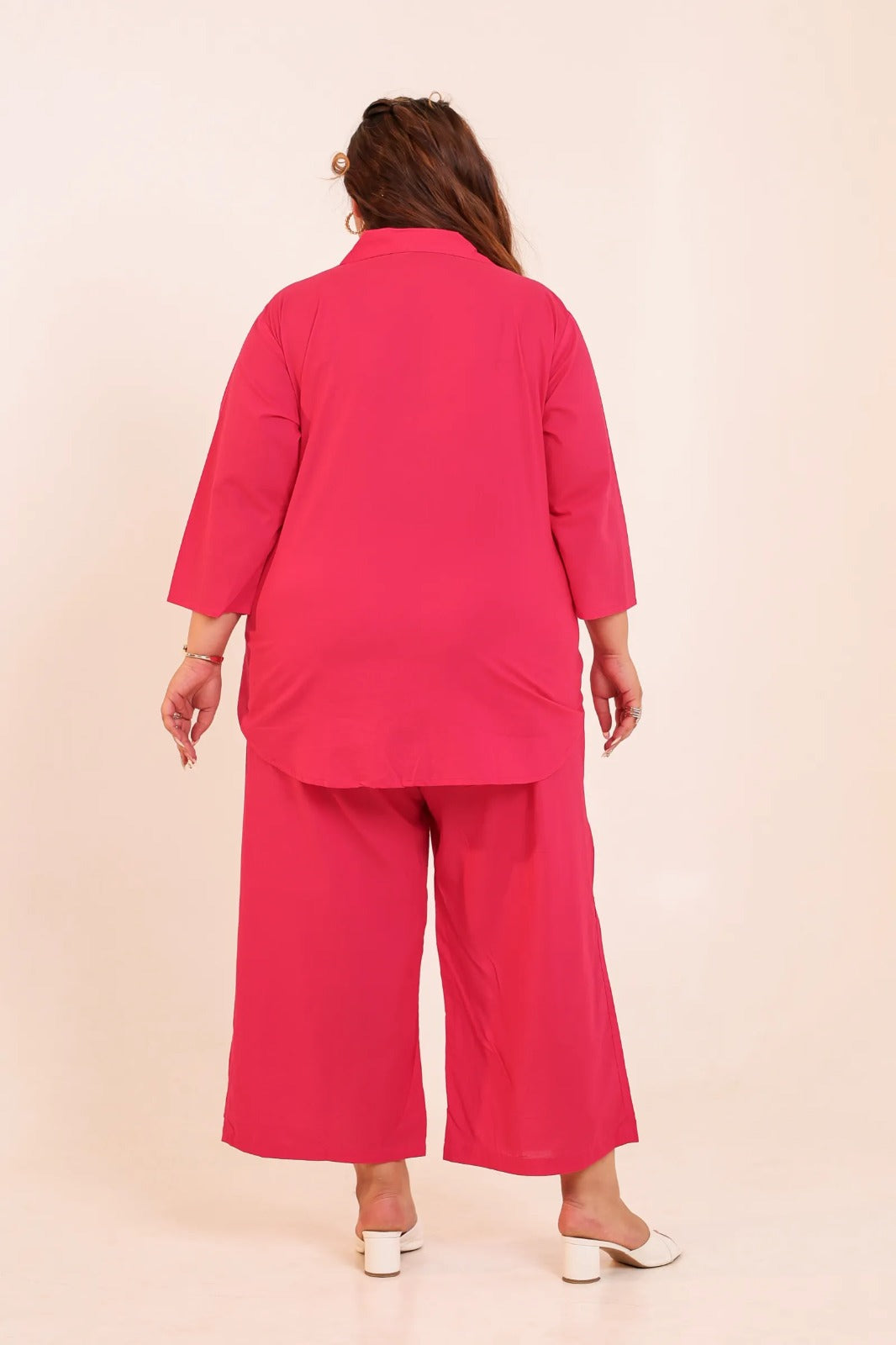 Plus Size : Rose Pink Solid Cotton Co-ord Set with Bird Embroidery (3XL – 6XL)