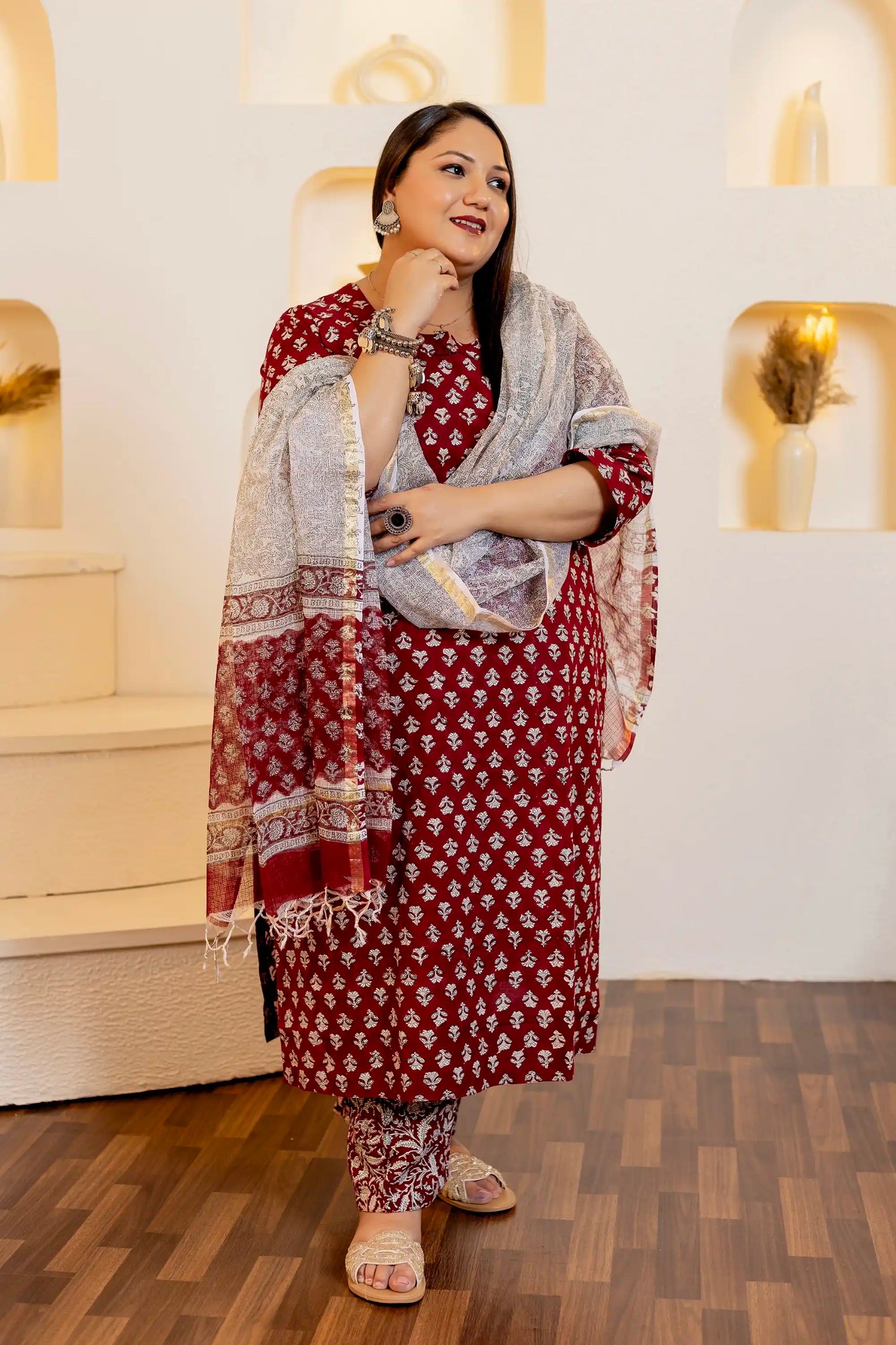 Plus Size : Block Print Red Color Cotton Dupatta Suit (4XL – 7XL)