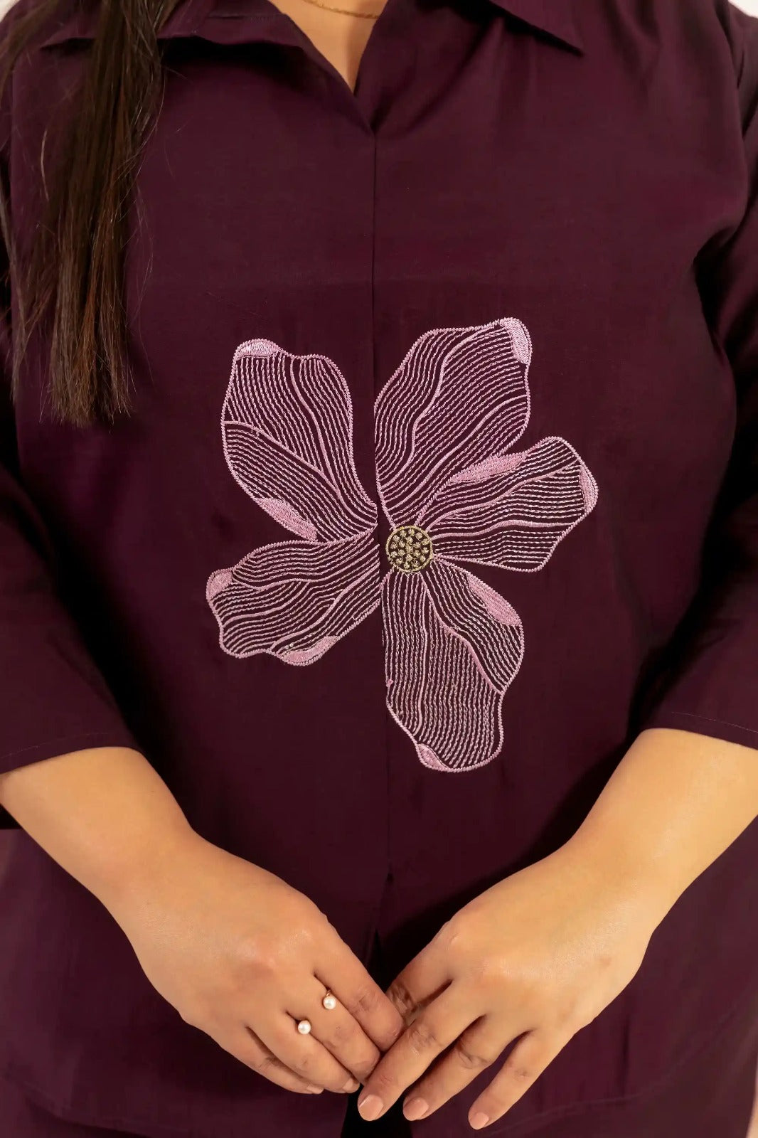 Plus Size : Wine Plum Solid Cotton Co-ord Set with Floral Embroidery (4XL - 6XL)