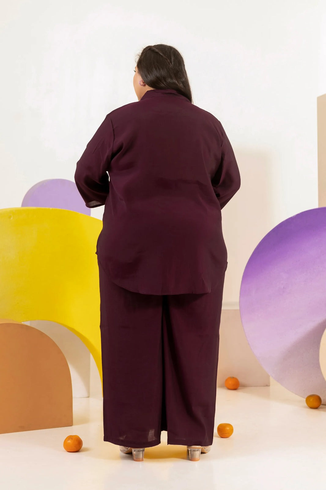 Plus Size : Wine Plum Solid Cotton Co-ord Set with Floral Embroidery (4XL - 6XL)