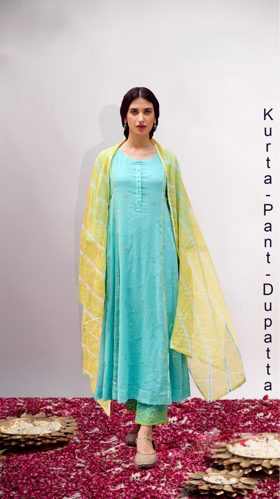 Firozi Embroidered Suit Set with Kota Doria Dupatta