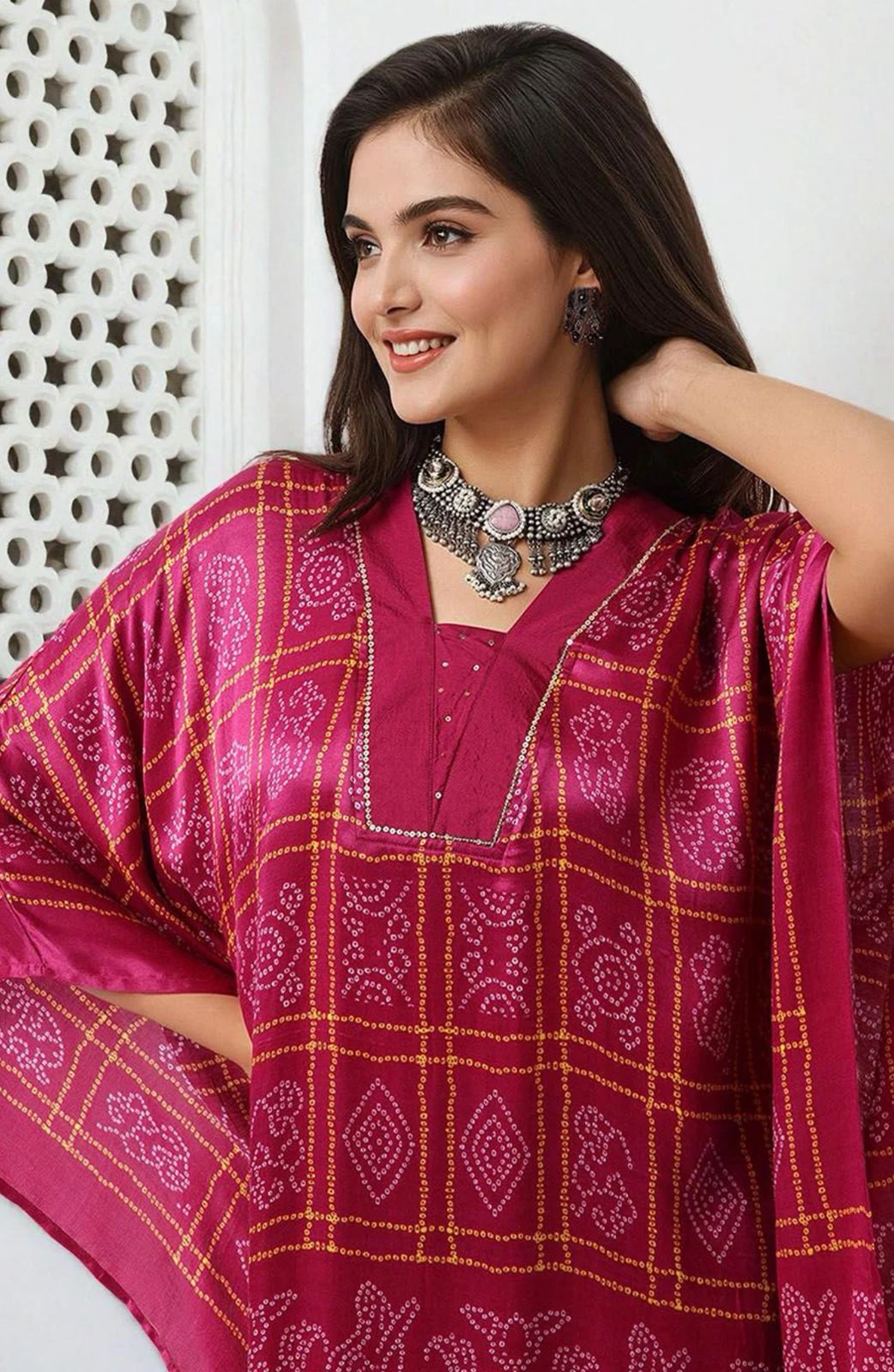 Kaftan-Style Silk Kurta Crafted In Rich Jaipur-Inspired Bandhej Pattern