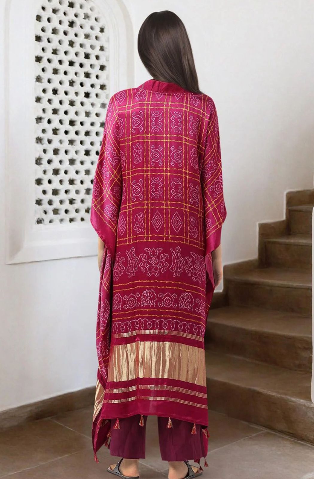 Kaftan-Style Silk Kurta Crafted In Rich Jaipur-Inspired Bandhej Pattern