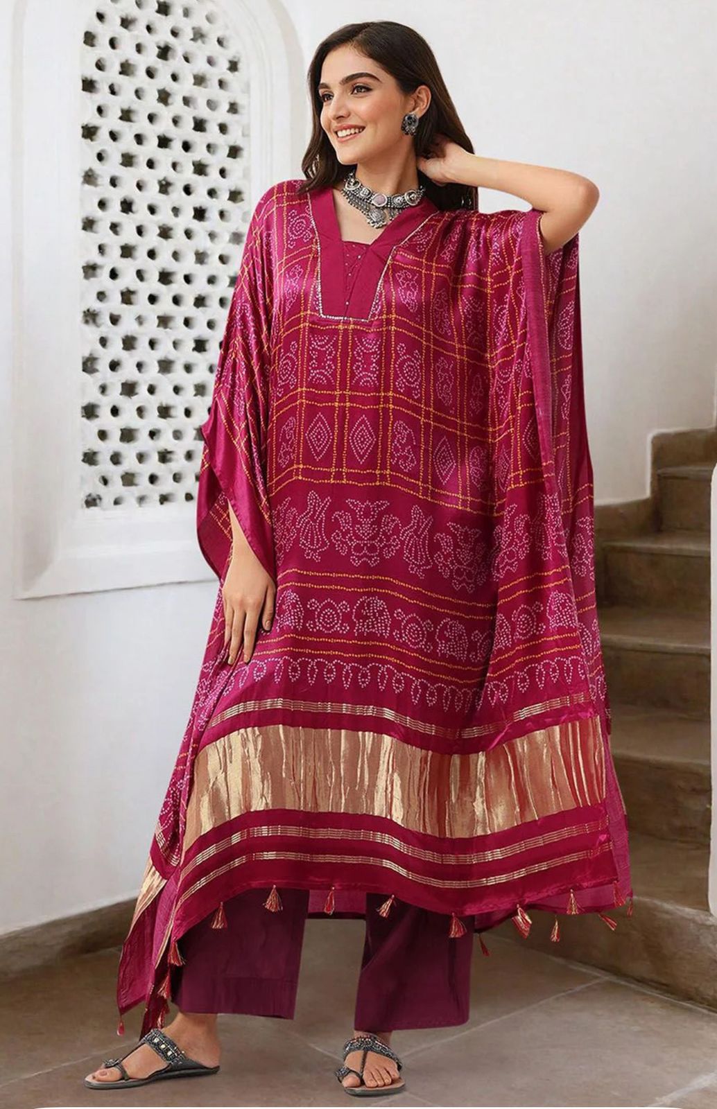 Kaftan-Style Silk Kurta Crafted In Rich Jaipur-Inspired Bandhej Pattern