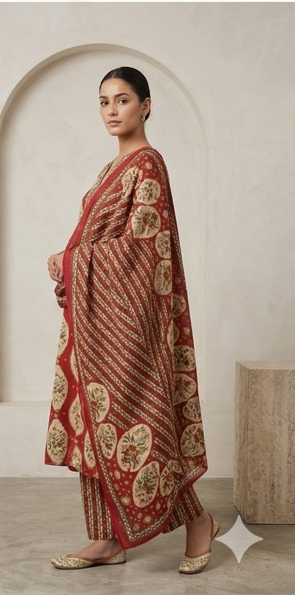 Red Floral Block Print Kurta Set with Dupatta