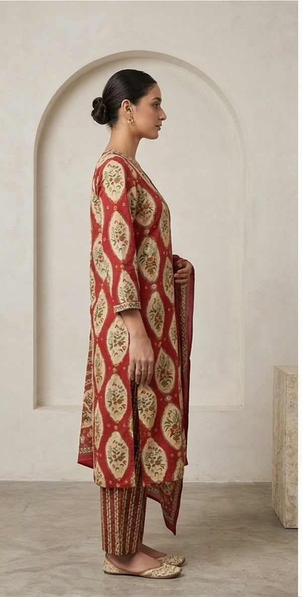 Red Floral Block Print Kurta Set with Dupatta